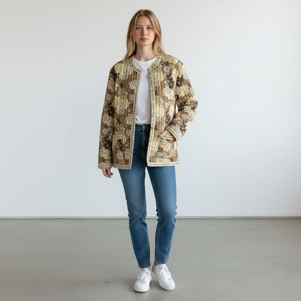 Christopher & Banks Quilted Floral Jacket Button Front Pockets Women's Medium